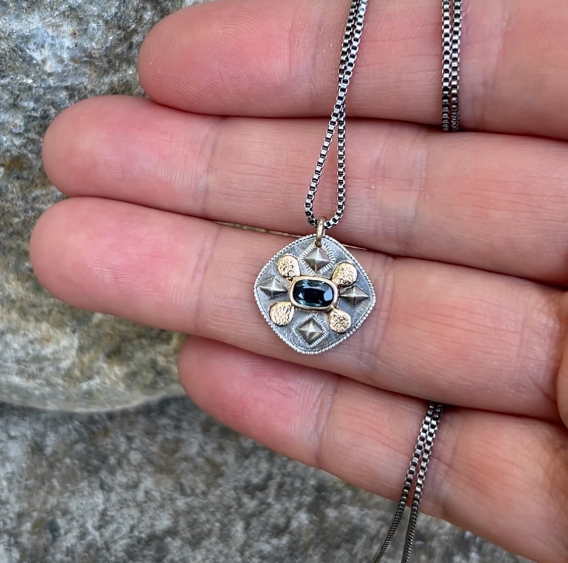 Sapphire & Silver Medallion Pendants | Mixed Metal Geometric Necklaces