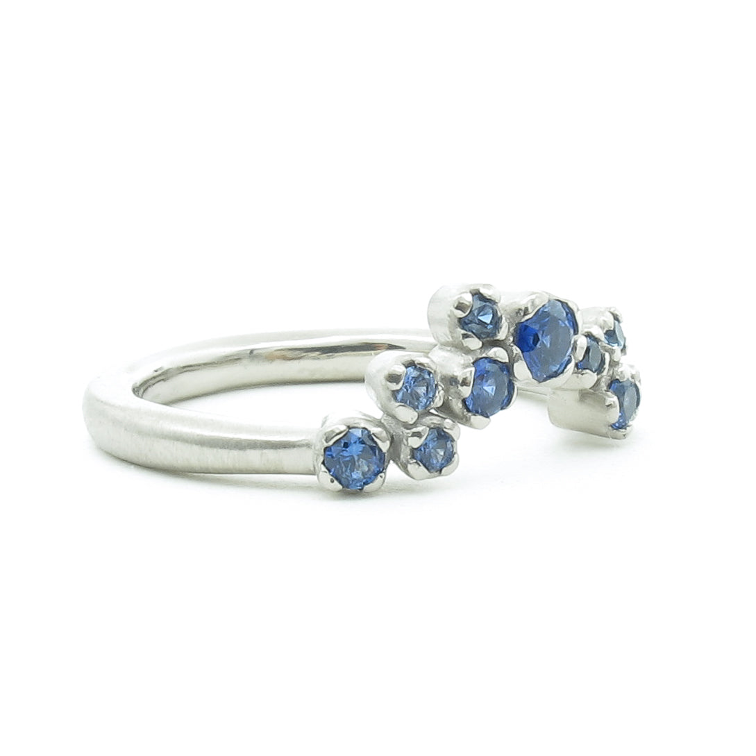 Asymmetric sapphire nesting ring, Silver Lining diamond cloud band