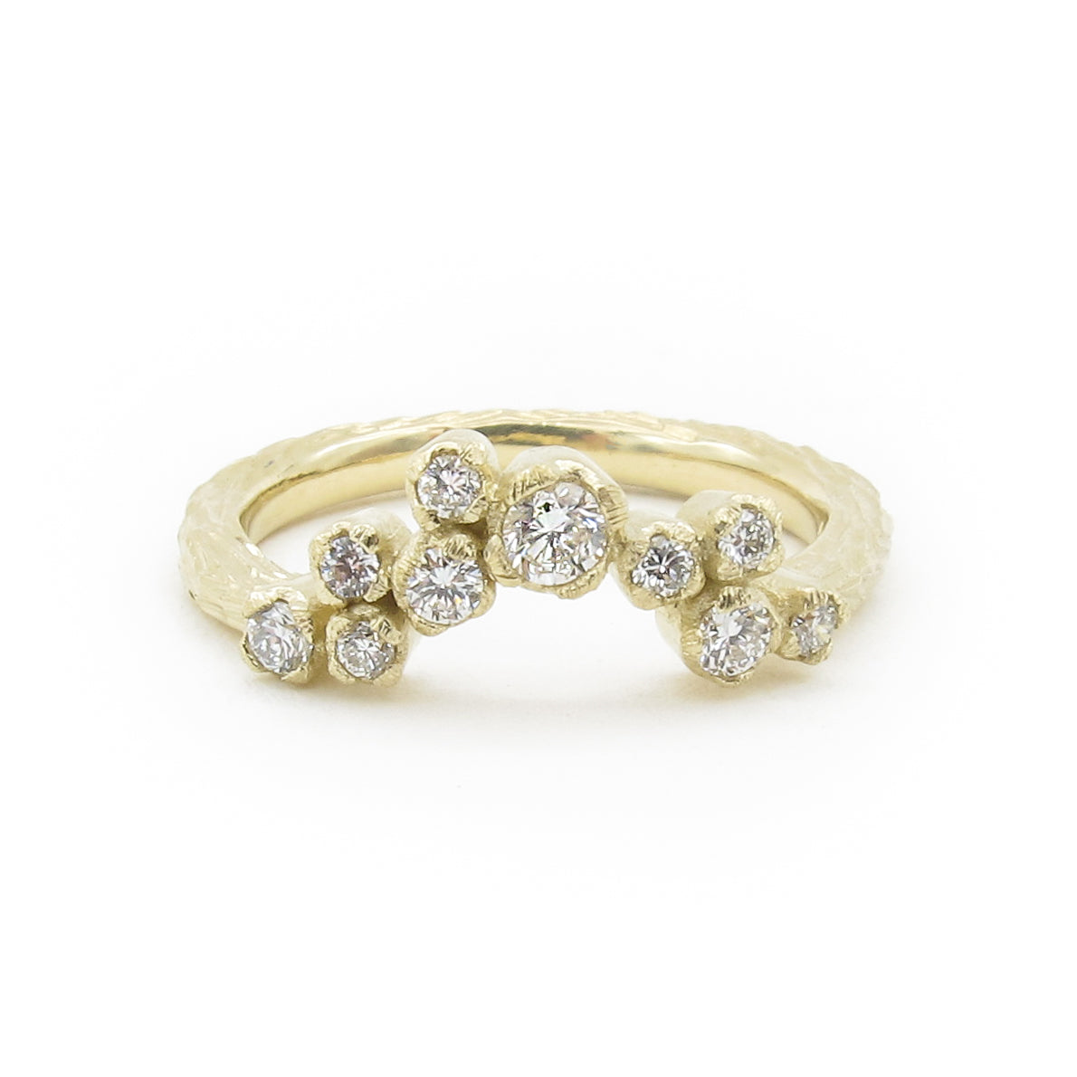 Asymmetric diamond nesting ring, Silver Lining diamond cloud band, recycled gold and diamonds