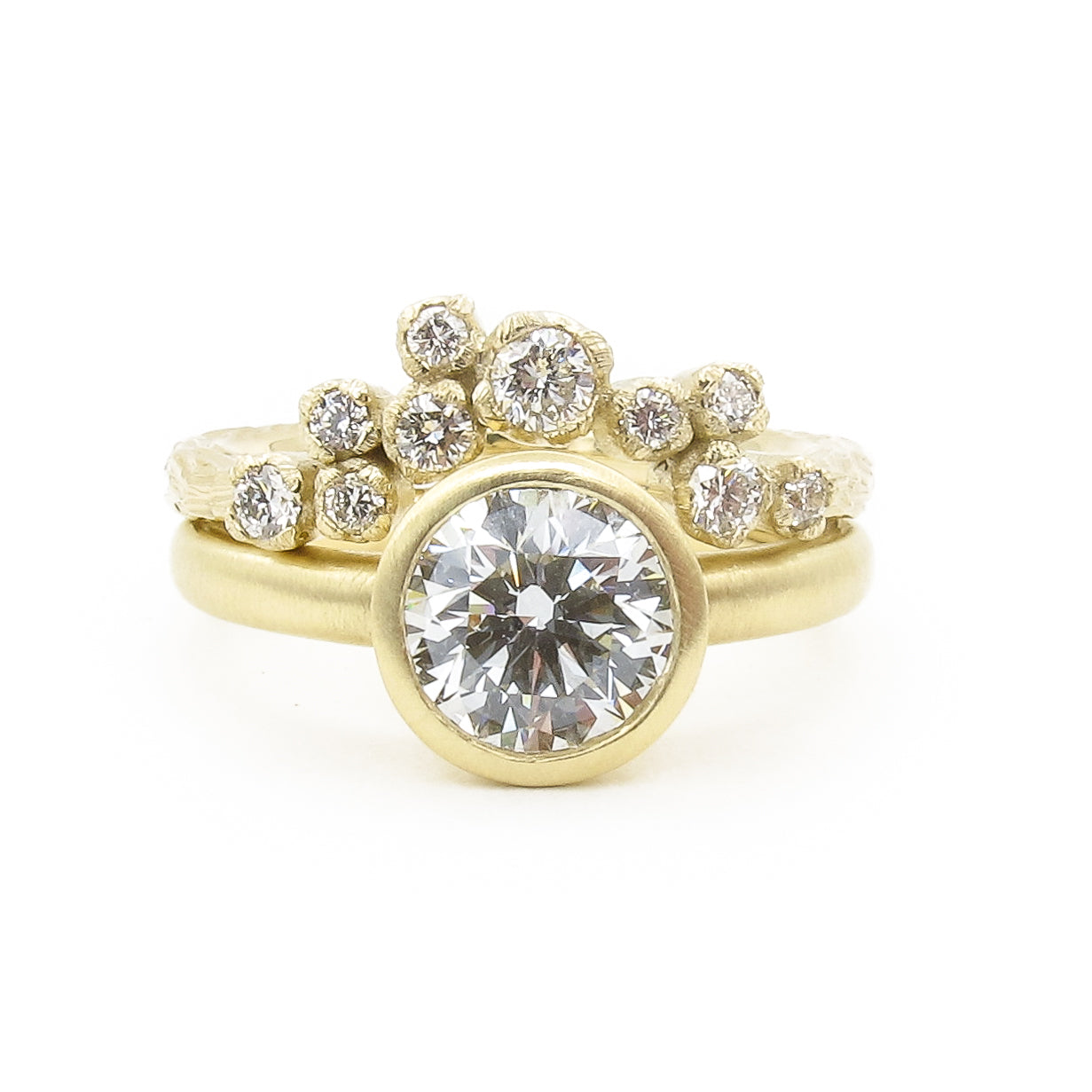 Asymmetric diamond nesting ring, Silver Lining diamond cloud band, recycled gold and diamonds