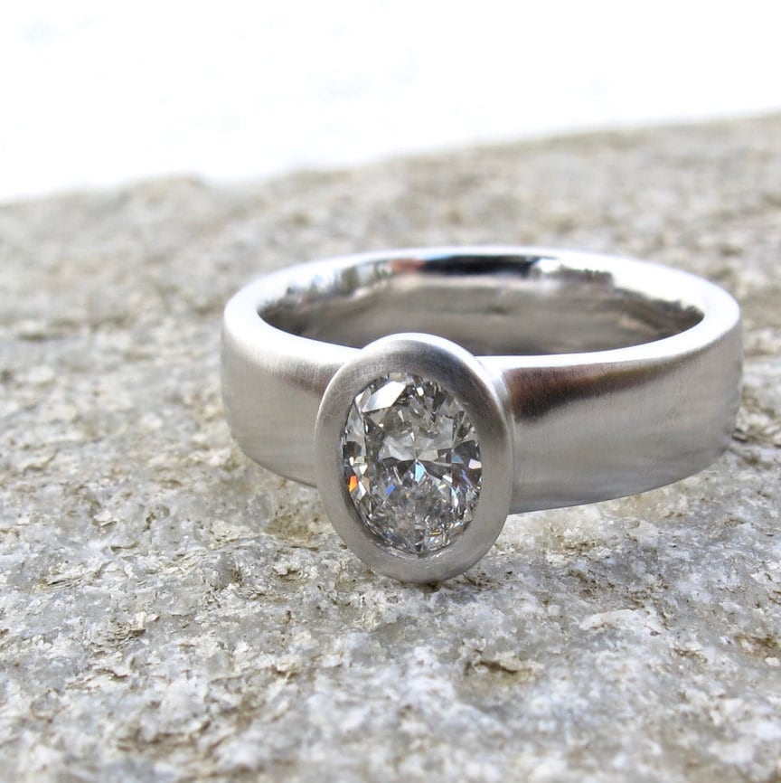 Oval diamond engagement ring, platinum wide band engagement, GIA certified diamond, low profile ring, minimalist engagement ring