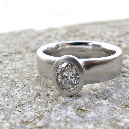 Oval diamond engagement ring, platinum wide band engagement, GIA certified diamond, low profile ring, minimalist engagement ring