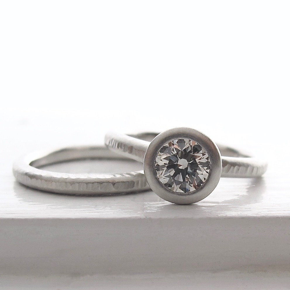 Pacific Ring, platinum open bezel diamond engagement ring with platinum wedding band, women's alternative engagement ring, peekaboo bezel