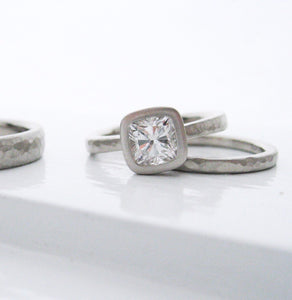 Hammered diamond engagement ring, bezel set cushion cut diamond engagement ring