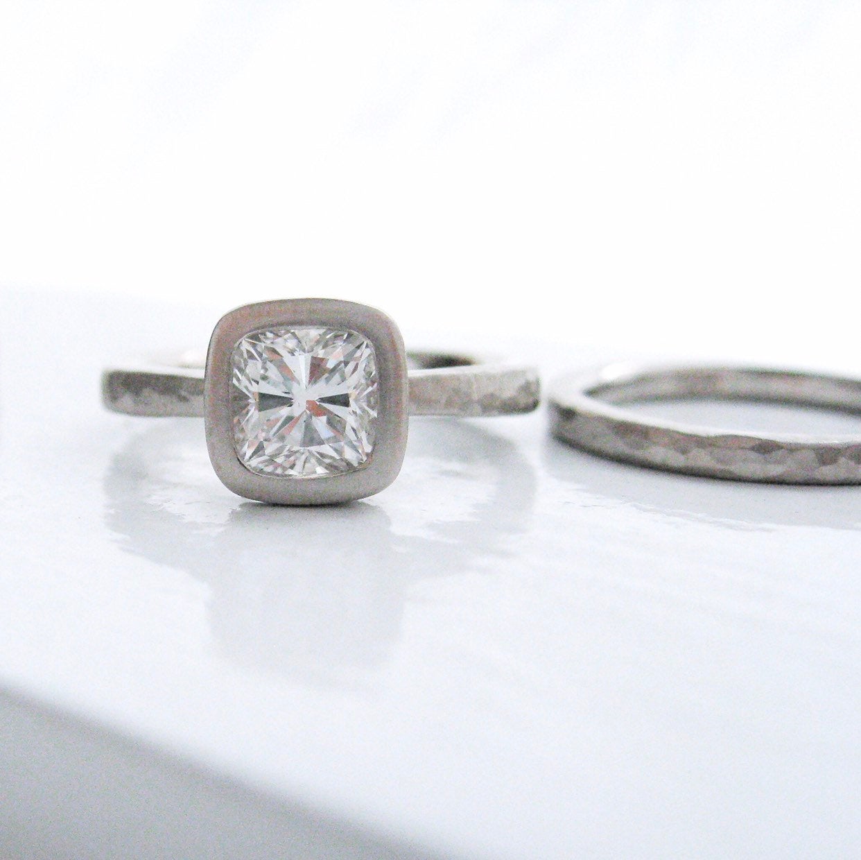 Hammered diamond engagement ring, bezel set cushion cut diamond engagement ring