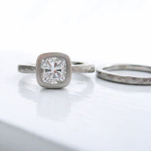 Load image into Gallery viewer, Hammered diamond engagement ring, bezel set cushion cut diamond engagement ring