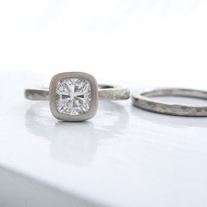 Hammered Diamond Engagement Ring and Wedding Band Set, Bezel Set Cushion Cut Diamond Engagement Ring