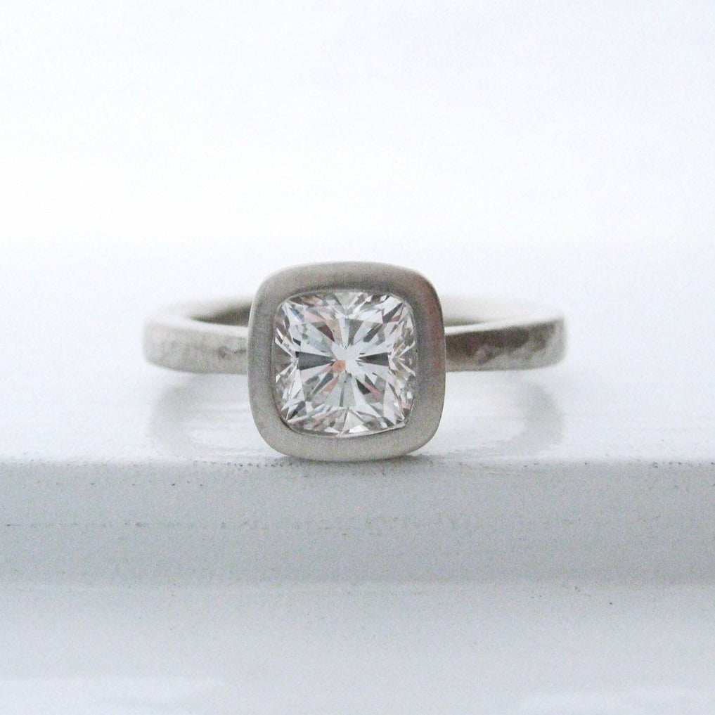 Hammered diamond engagement ring, bezel set cushion cut diamond engagement ring