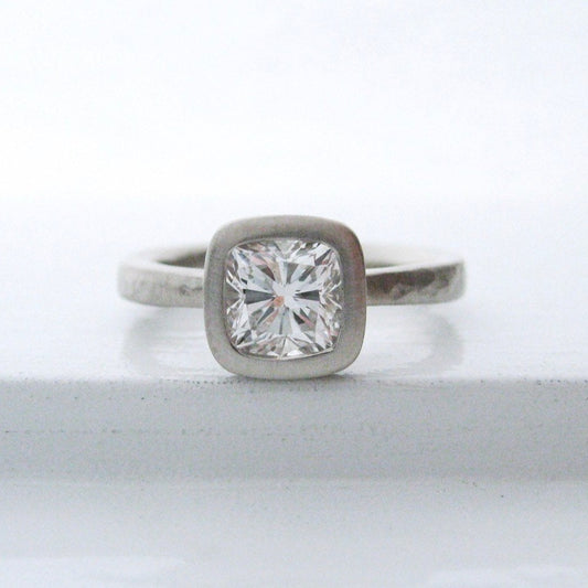 Hammered diamond engagement ring, bezel set cushion cut diamond engagement ring