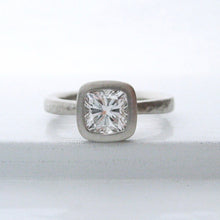 Load image into Gallery viewer, Hammered diamond engagement ring, bezel set cushion cut diamond engagement ring