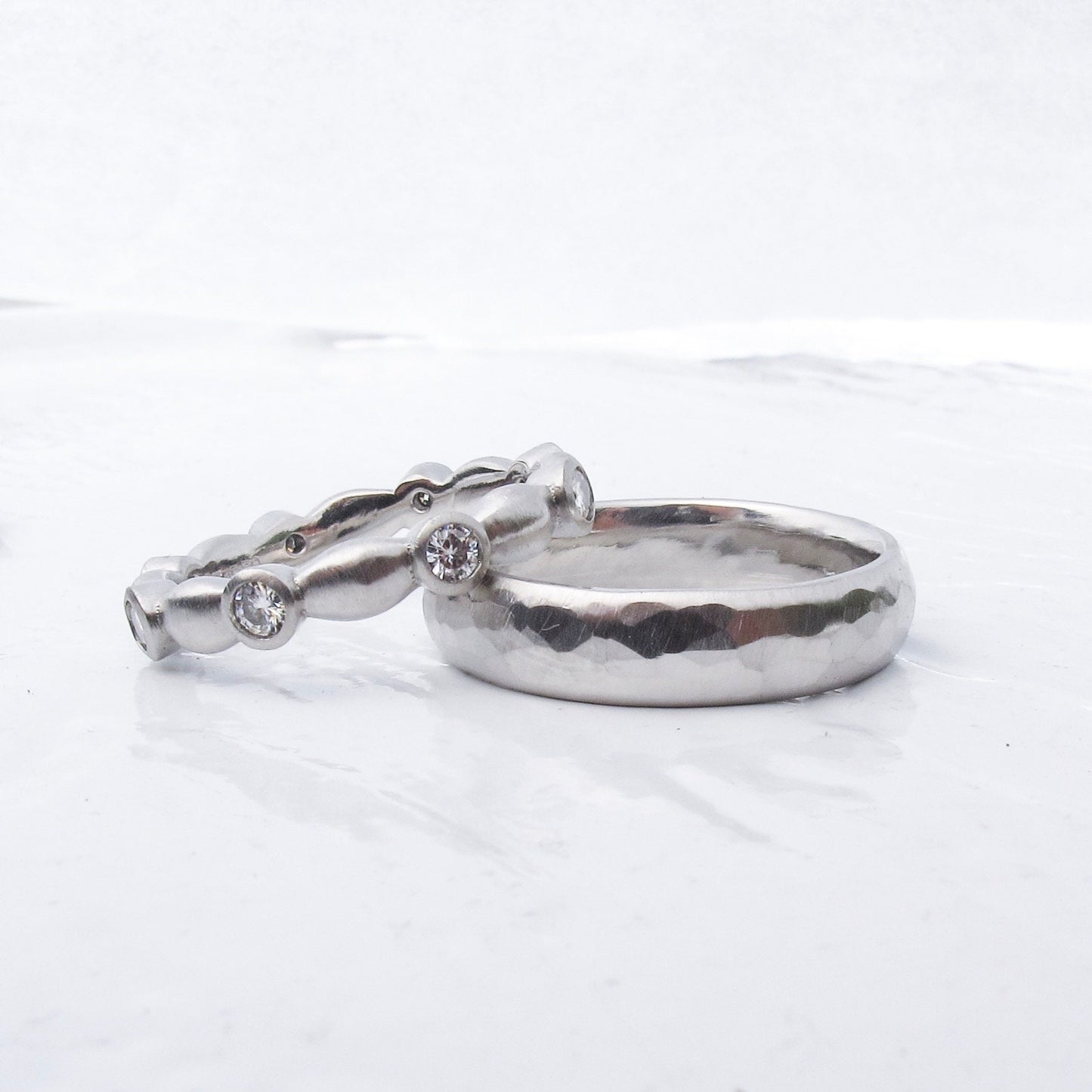 Platinum Wedding Ring Set, Hammered Men's Band and Lab Diamond Eternity Ring, Ethical Alternative Wedding Band Set