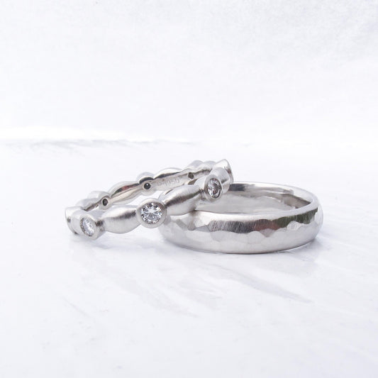 Platinum Wedding Ring Set, Hammered Men's Band and Lab Diamond Eternity Ring, Ethical Alternative Wedding Band Set