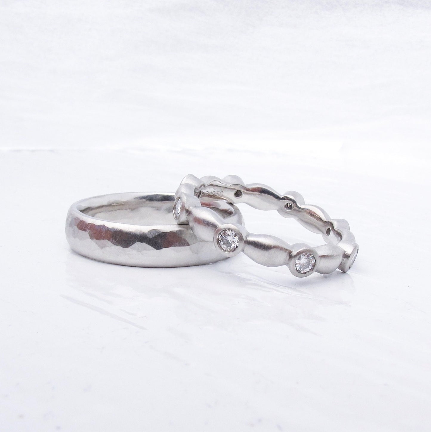 Platinum Wedding Ring Set, Hammered Men's Band and Lab Diamond Eternity Ring, Ethical Alternative Wedding Band Set