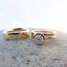 Load image into Gallery viewer, Classic gold and diamond bezel set engagement with gold wedding bands