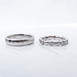 Platinum Wedding Ring Set, Hammered Men's Band and Lab Diamond Eternity Ring, Ethical Alternative Wedding Band Set