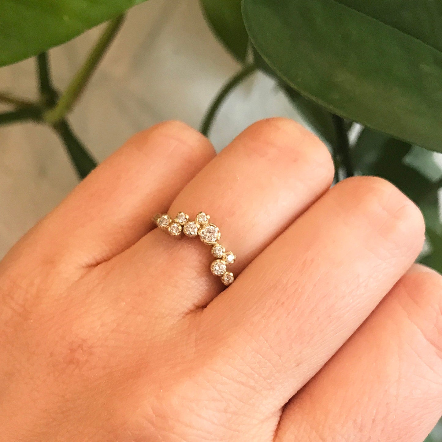 Asymmetric diamond nesting ring, Silver Lining diamond cloud band, recycled gold and diamonds