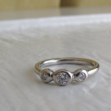 Load image into Gallery viewer, Diamond anniversary ring, recycled precious metal three stone diamond ring, alternative bridal ring or stacking diamond band