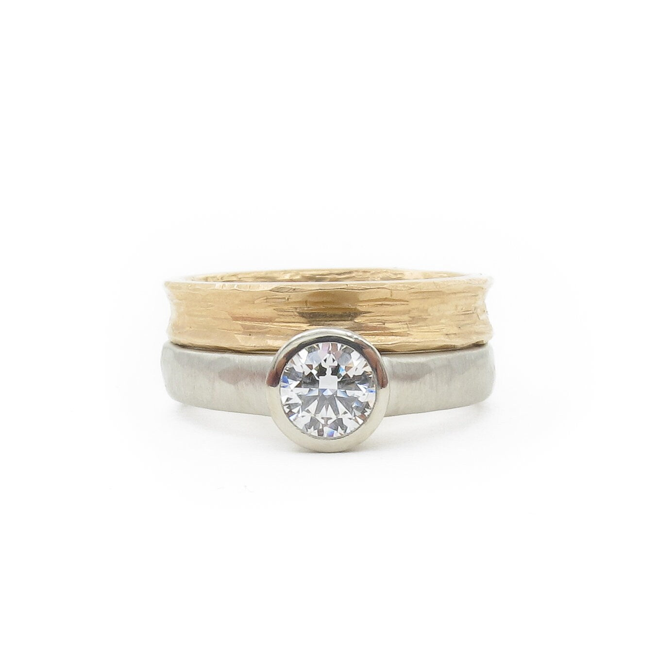 Bezel Set .50ct Diamond Engagement Ring With Hammered Texture, All Weather Low Profile Engagement Ring