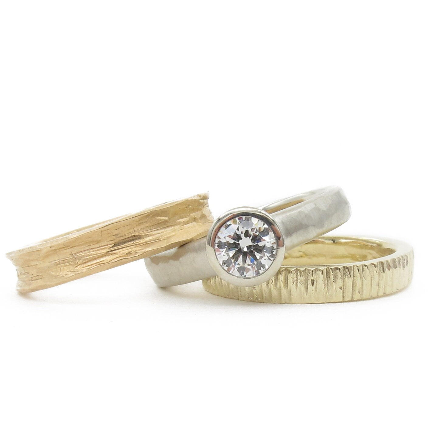 Bezel Set .50ct Diamond Engagement Ring With Hammered Texture, All Weather Low Profile Engagement Ring