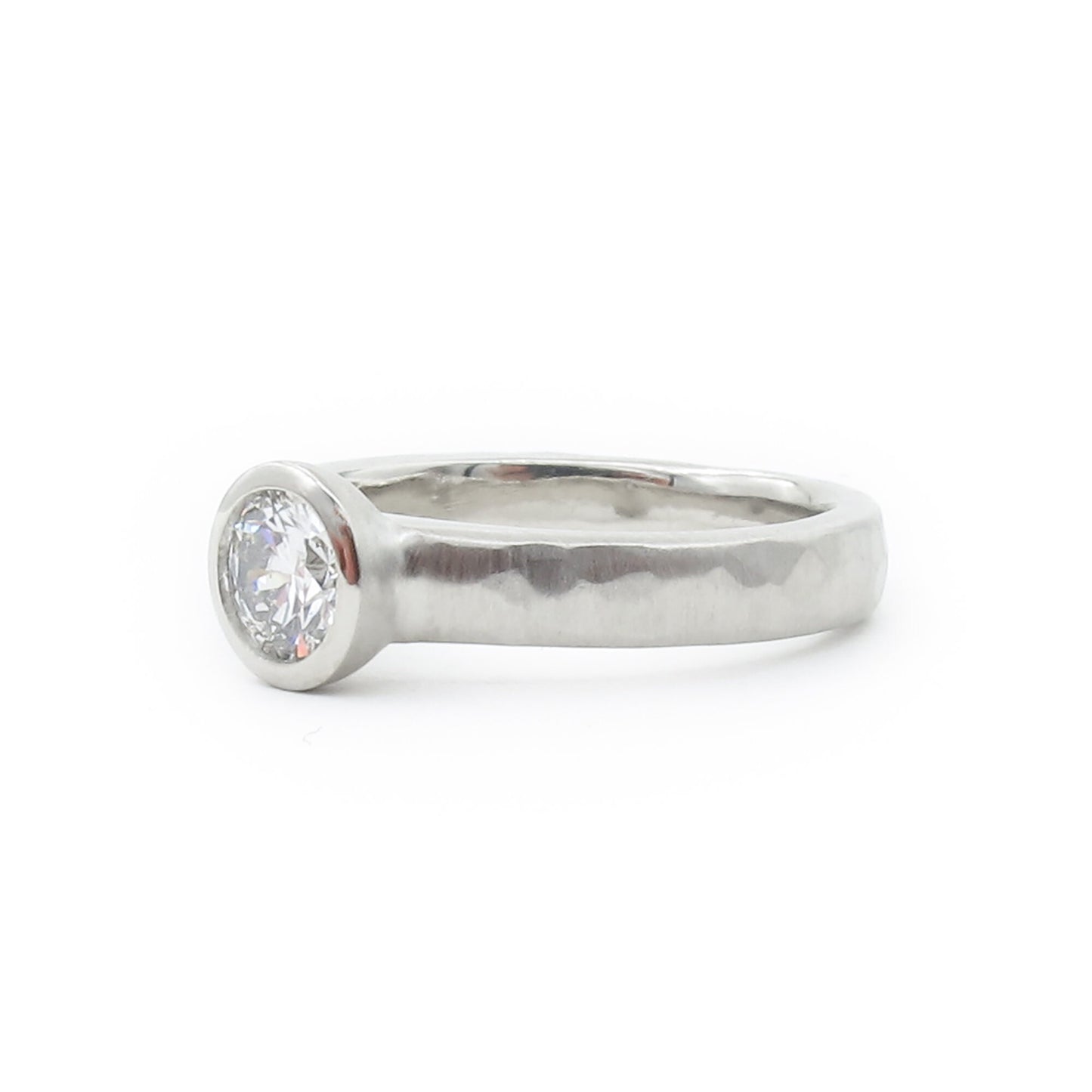 Bezel Set .50ct Diamond Engagement Ring With Hammered Texture, All Weather Low Profile Engagement Ring