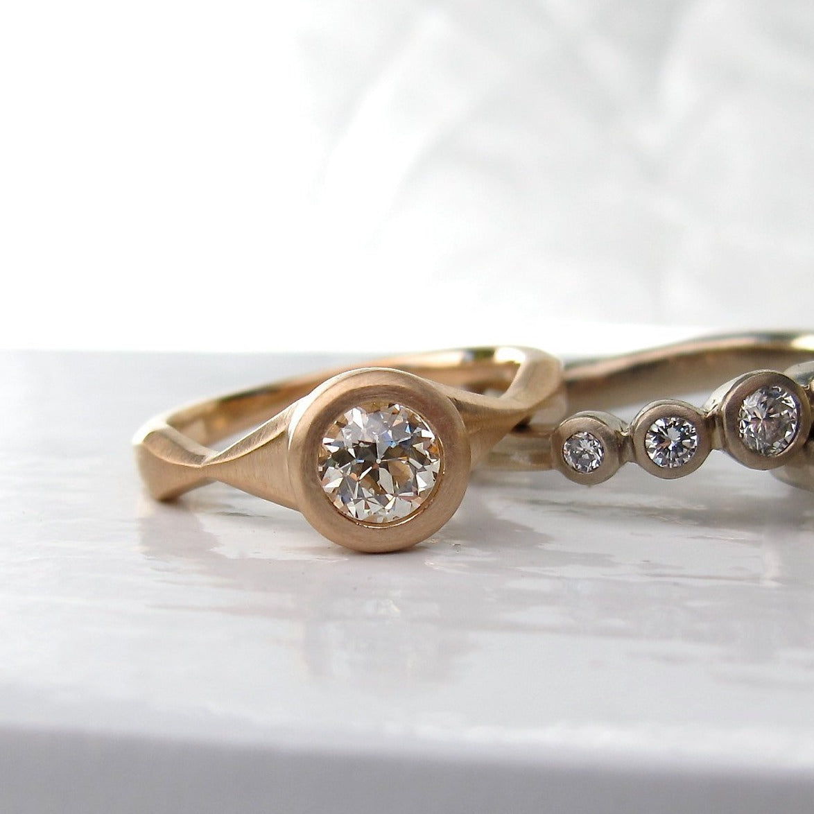 Sail Ring antique style engagement ring mounting, bezel set solid gold or platinum semi-mount