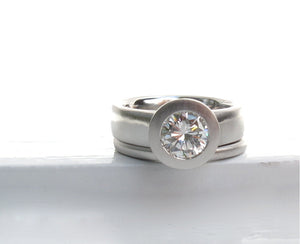 950 platinum and bezel set diamond wide band low profile engagement ring and wedding band set