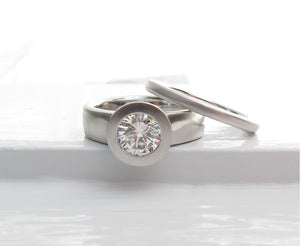 950 platinum and bezel set diamond wide band low profile engagement ring and wedding band set