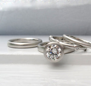Bezel Set Diamond and Platinum Wedding Ring Set, 1.5ct Diamond Engagement Ring, Diamond Eternity Ring and Plain Wedding Bands