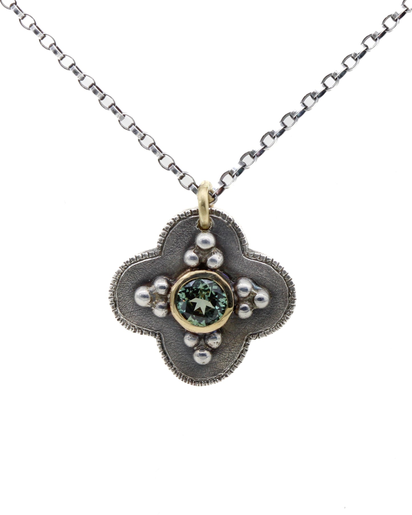 Quatrefoil Sapphire & Silver Medallion Pendant| Mixed Metal Geometric Necklace