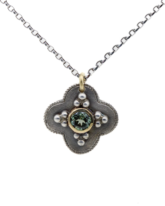 Quatrefoil Sapphire & Silver Medallion Pendant| Mixed Metal Geometric Necklace