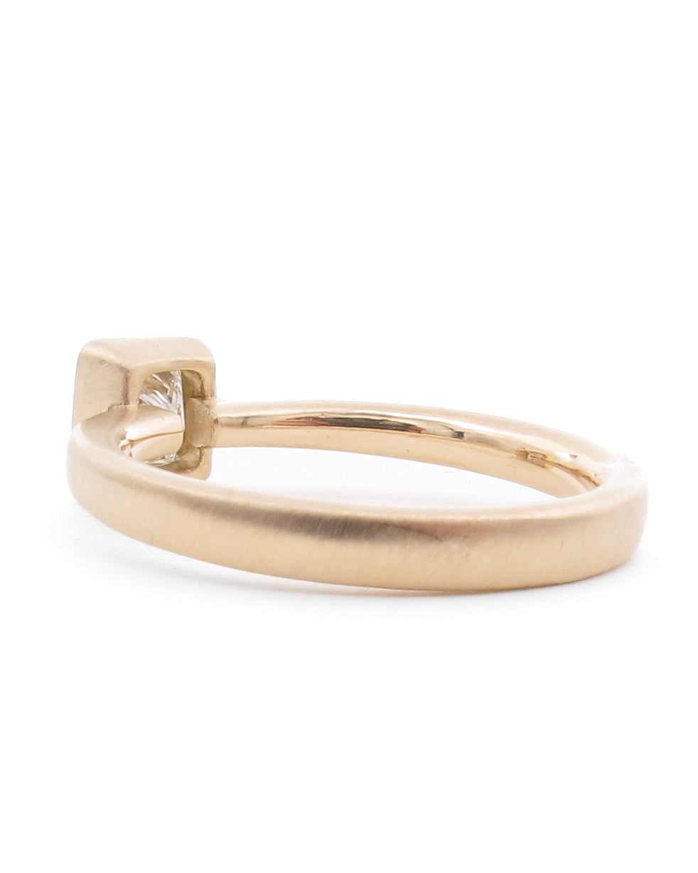 Profile view of rose gold diamond bezel ring