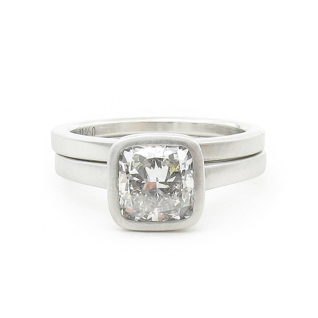 1.60ct Lab Grown Cushion Cut Diamond Bezel Set Solitaire with Matching Wedding Band