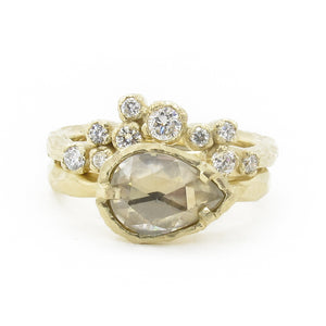 Asymmetric diamond nesting ring,  Silver Lining diamond cloud band, recycled gold and diamonds