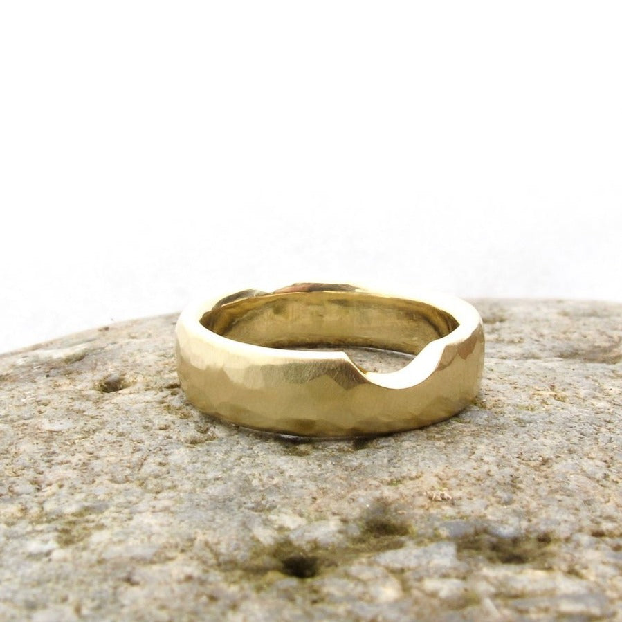 Wide nesting band, hammered wedding band with notch for solitaire
