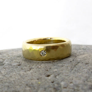 Unisex wide gold band, 18kt yellow gold and flush set diamond