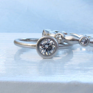 Moissanite Engagement Ring and Wedding Band Set, Low Profile Bezel Engagement Ring