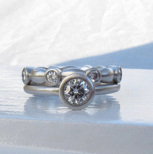 Moissanite Engagement Ring and Wedding Band Set, Low Profile Bezel Engagement Ring