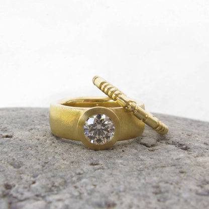 Sunken Treasure Ring, wide band engagement ring, 18kt diamond engagement ring, women's alternative wedding ring, GIA certified diamond