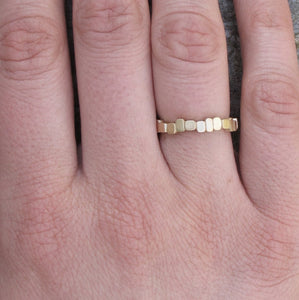 Organically carved gold or platinum stacking ring, Tumbling Blocks wedding band