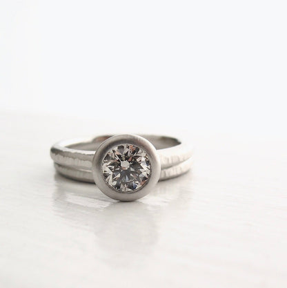 Pacific Ring, platinum open bezel diamond engagement ring with platinum wedding band, women's alternative engagement ring, peekaboo bezel