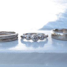 Load image into Gallery viewer, Diamond anniversary ring, recycled precious metal three stone diamond ring, alternative bridal ring or stacking diamond band