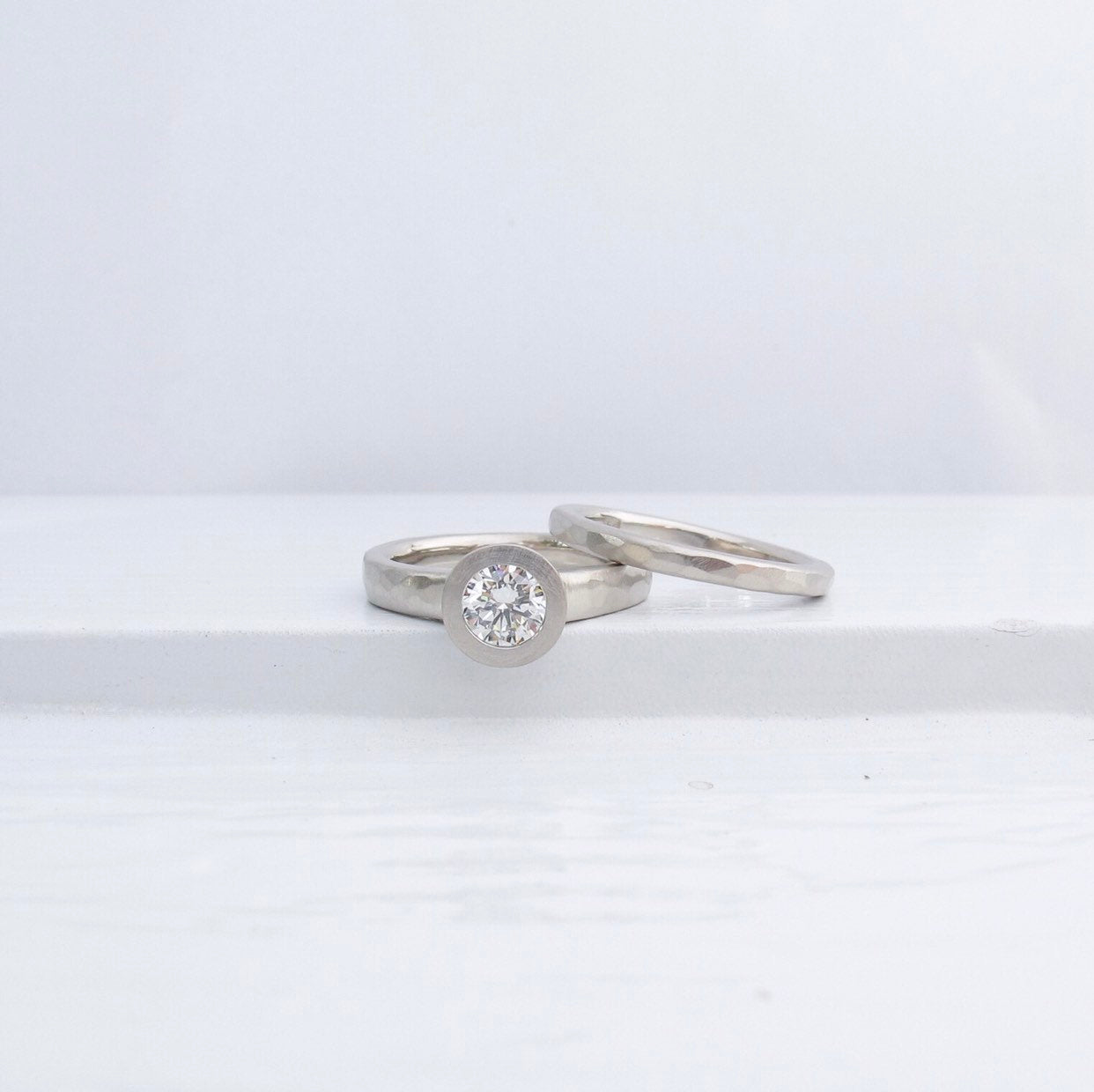 Rustic engagement ring and wedding band, diamond ring with matching stacking band