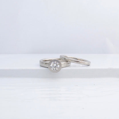 Rustic engagement ring and wedding band, diamond ring with matching stacking band