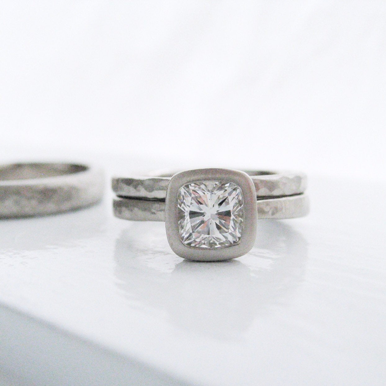 Hammered Diamond Engagement Ring and Wedding Band Set, Bezel Set Cushion Cut Diamond Engagement Ring