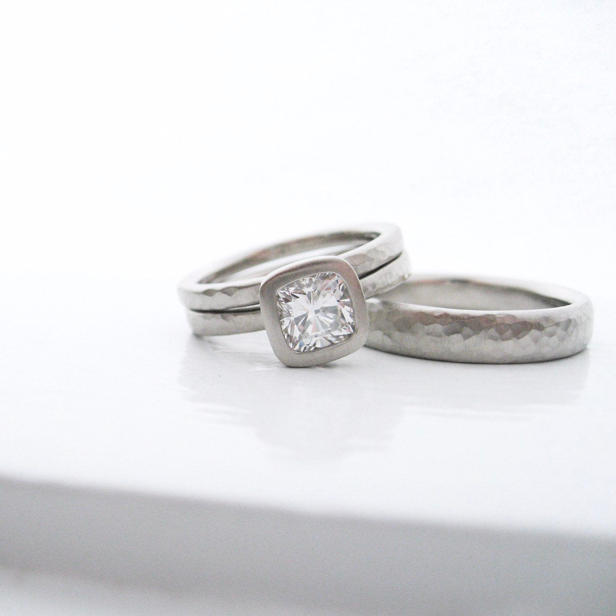 Hammered Diamond Engagement Ring and Wedding Band Set, Bezel Set Cushion Cut Diamond Engagement Ring