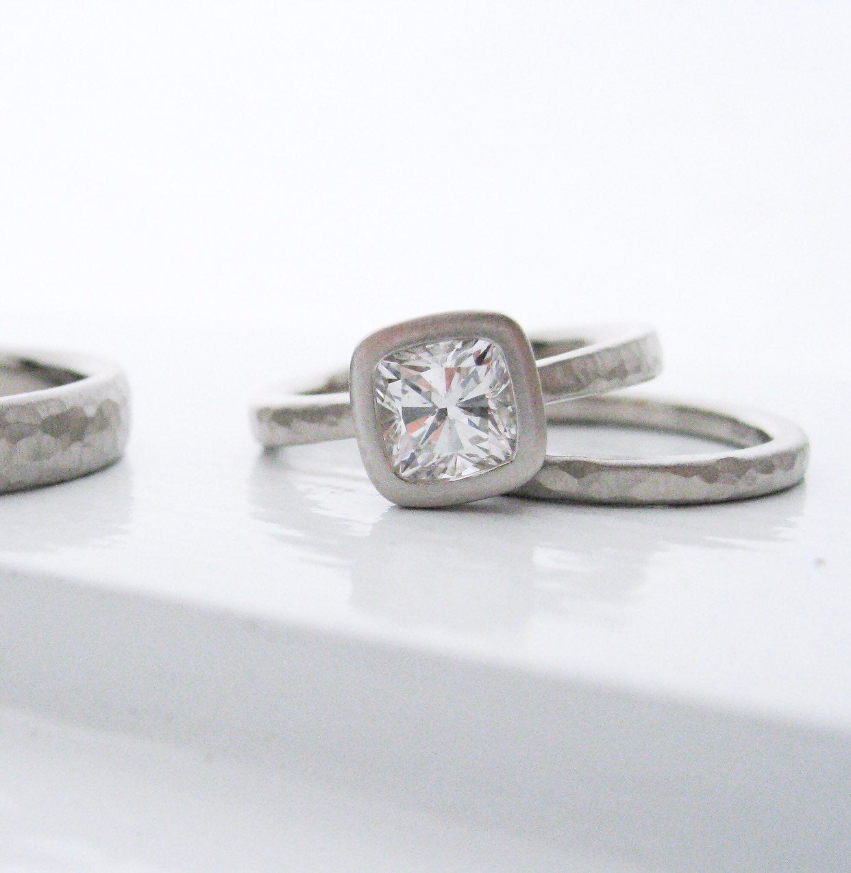 Hammered Diamond Engagement Ring and Wedding Band Set, Bezel Set Cushion Cut Diamond Engagement Ring