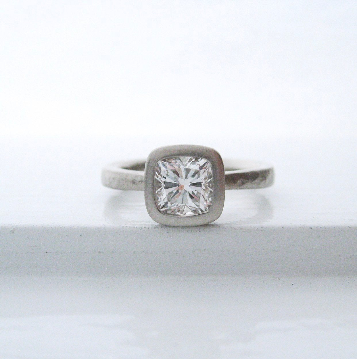 Hammered Diamond Engagement Ring and Wedding Band Set, Bezel Set Cushion Cut Diamond Engagement Ring