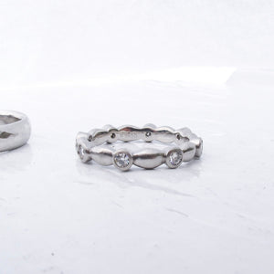 Platinum Wedding Ring Set, Hammered Men's Band and Lab Diamond Eternity Ring, Ethical Alternative Wedding Band Set