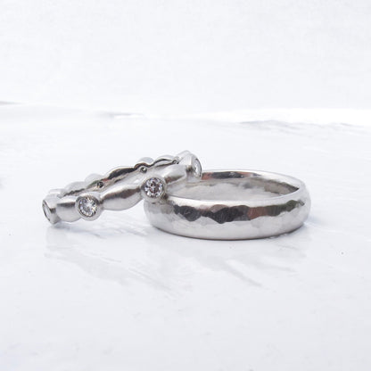 Platinum Wedding Ring Set, Hammered Men's Band and Lab Diamond Eternity Ring, Ethical Alternative Wedding Band Set