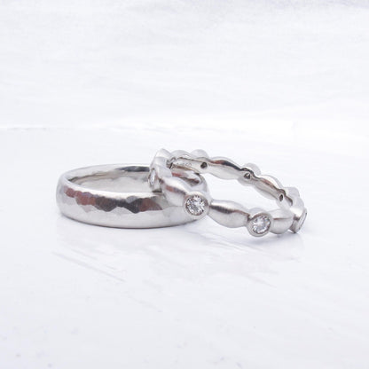 Platinum Wedding Ring Set, Hammered Men's Band and Lab Diamond Eternity Ring, Ethical Alternative Wedding Band Set